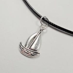 NAUTICAL SAILBOAT BOATING BLACK LEATHER NECKLACE